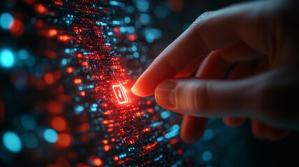 a hand touches a glowing code matrix