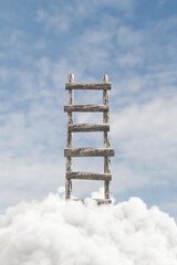 Wall Mural - 3d render Natural sky and cloud background, Concept successful, Wooden ladder of success above the clouds, backdrop sky and cloud for product display, showcase, mockup, cosmetic or etc