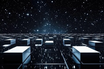abstract digital landscape of reflective cubes and stars
