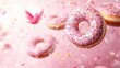 © ProPhotos - A cascade of cartoon donuts with sprinkles flying through the air with a soft blur, surrounded by bright cartoon birds and floating confetti.