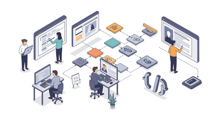 Teamwork in software development and project management concept for remote collaboration vector illustration