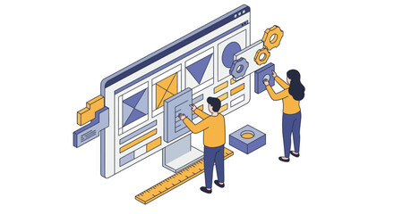 Creative teamwork in website design and development with geometric elements vector illustration