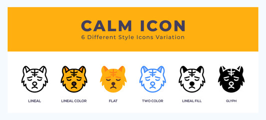 Calm cat icon set. outline. glyph black. flat color and filled line color