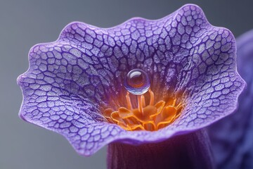 Wall Mural - A single water droplet rests delicately on the vibrant purple petals of a flower, showcasing intricate textures.