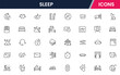 © flattenx - Soothing vector web line icons depicting sleep, beds, pillows, rest, relaxation, and wellness for healthy sleep routines and comfort.