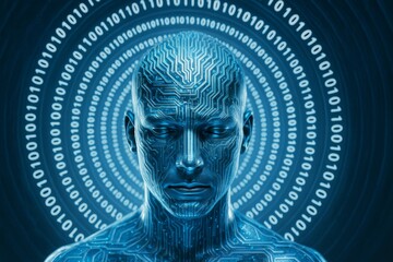 Futuristic human-like figure with circuit patterns and binary code background representing digital intelligence concept in blue light technology style.