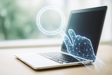 Wall Mural - abstract digital polygonal hand with magnifying glass emerging from laptop screen on desk, symbolizi
