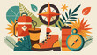© Nasreen akhtar - Camping and hiking gear arrangement with compass, boot, and other objects in a stylized design