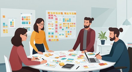 Team Brainstorming UX Design Project, Modern Office Illustration