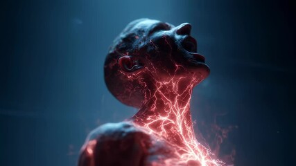 Wall Mural - red glowing veins spread across the upper body of a screaming male figure, possibly illustrating a m