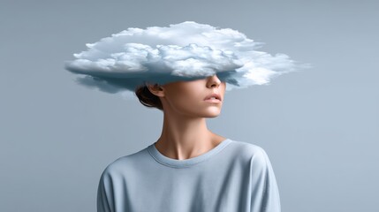 Wall Mural - woman with a cloud on her head. the cloud is white and fluffy. the woman is wearing a blue shirt