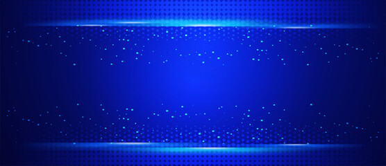 Abstract blue digital background with glowing particles and halftone patterns