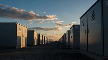 Rows of large industrial battery energy storage units line up at sunset under a cloudy sky