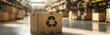 © Prasanth - Recycling symbol printed on cardboard box in warehouse. Sustainable parcel delivery, eco-friendly packaging, logistic center, delivery service. Sustainable management, environmental protection,