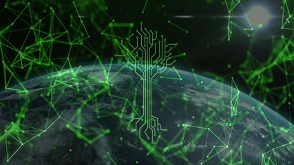 Wall Mural - starting glow intensifying filament branching into circuit tree rotating earth showing connectivity
