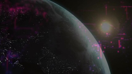 Wall Mural - bright star emerging, globe rotating, pink glitching and data streams pulsing visualizing networks