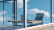 © Generative AI - Modern office space with large glass , empty desk and ergonomic chair under blue sky