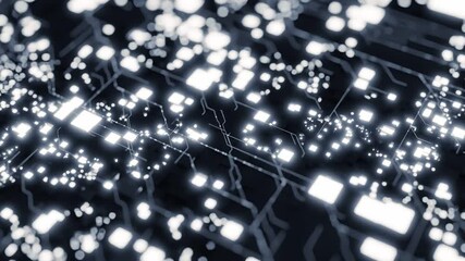 Wall Mural - abstract digital circuit pattern with glowing white lights and dark background. 3d render of futuris