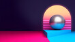 © George - A shiny disco ball sits in a colorful, geometric archway with vibrant pink, blue, and purple lighting creating a retro-futuristic atmosphere.