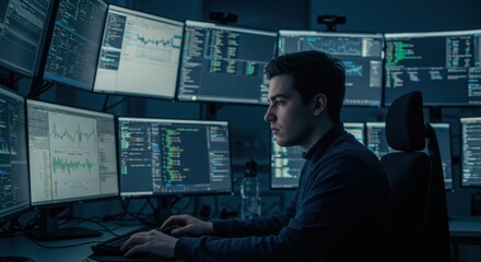 focused programmer working late night on multiple screens with complex code and data analysis
