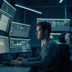 focused programmer working late night on complex code projects using multiple monitors displaying da