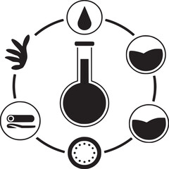 Wall Mural - Black and white illustration of a scientific flask surrounded by various related elements in circles