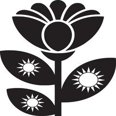 Wall Mural - Stylized black and white flower with sunbursts on the leaves in a graphic design illustration