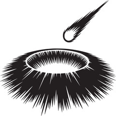 Wall Mural - Black and white illustration of a meteor approaching a crater on a white background in vector format