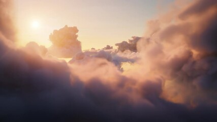 Wall Mural - Flying over the evening timelapse clouds with the late sun. Flight through moving cloudscape with beautiful sun rays. Traveling by air. Realistic 3D render simulation. Perfect for cinema, background.
