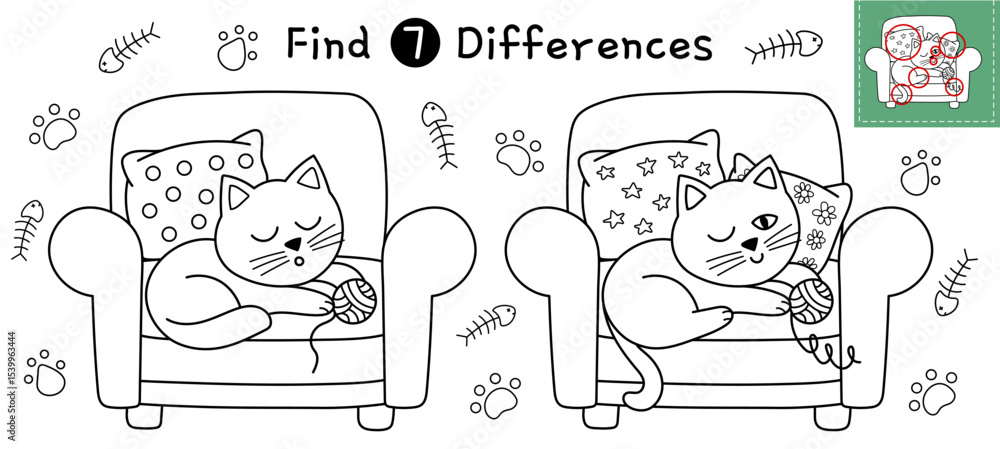 Find 7 differences activity page for kids. Funny sleeping cat maze game ...