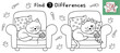 © juliyas - Find 7 differences activity page for kids. Funny sleeping cat maze game for school and preschool. Coloring page and puzzle for children. Vector illustration