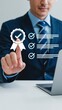 © David Zarzosa - Businessman tapping certification icon on virtual checklist. Certification, approval, quality control, digital validation, business reliability, technological standards.
