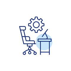 Wall Mural - office desk, computer and cogwheel. technical training and learning, software development. pixel per