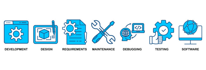 Agile icon set vector illustration concept with icon of development, design, requirements, maintenance, debugging, testing and software