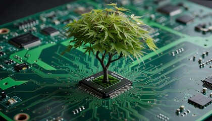 green tree on computer chip technology