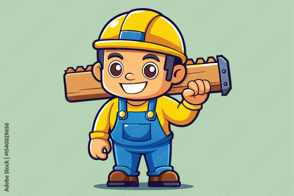 Cartoon Carpenter Carrying Lumber on Shoulder with Hard Hat and ...