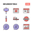 © Tahura - Influencer Toolkit: A modern illustration showcasing essential tools for influencers, including a selfie stick, video player, profile, microphone, follower count, sponsored content badge.