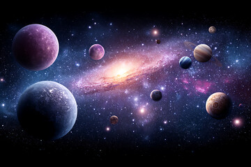 Wall Mural - Majestic spiral galaxy surrounded by planets and stars cosmic scene