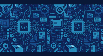 Intricate Blue Techscape: Circuitry, Gears, and Code Symbols in a Digital Tapestry