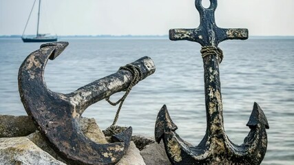 Wall Mural - a lone anchor sits atop a rock beside the ocean, providing a tranquil and peaceful atmosphere.