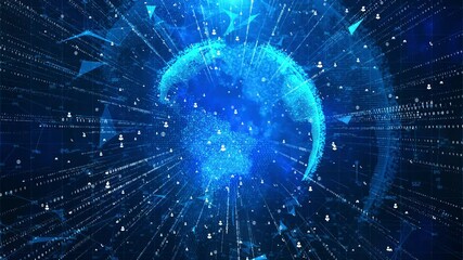 Wall Mural - futuristic planet earth hologram cyberspace. world map of glowing dots hud big data circles backgrou