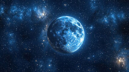 Wall Mural - A vibrant blue planet, Earth-like, centered in a deep space filled with nebulae and stars