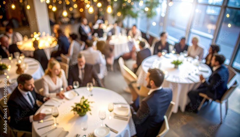 Elegant banquet hall with round tables and ambient lights symbolizing ...