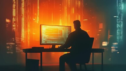 Silhouette of a programmer working late at night, surrounded by glowing code and digital data streams