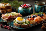 Przygotowane kanapki na chlebie tostowym z różnymi dodatkami: jajkiem, łososiem, wędliną, owocami, idealne na brunch lub przekąskę.