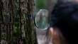 © Pornpimon - A happy little girl is exploring in the forest and looking for insects with a magnifying glass. Adventure tourism and learning concept.