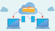 © Mambo_VG - Cloud data transfer between laptops and mobile devices with file folders and arrows indicating the flow