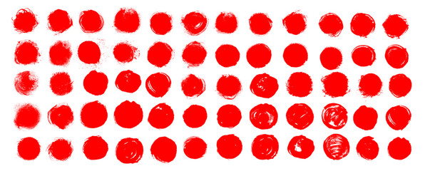 Wall Mural - Japanese flag brush paint circles. Vector grungy red ink hand drawn textured punk style round shapes. Artistic Chinese or Korean design elements. Sun symbols. Each circle is united and isolated