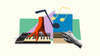 © Lustre Art Group  - Playful cut-out collage with retro pop colors shows hand pressing keyboard and typing laptop as music notes float above. Digital art style. Concept of music production visuals, tutorials