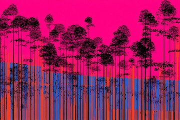 Vaporwave trees on pink background with glitch